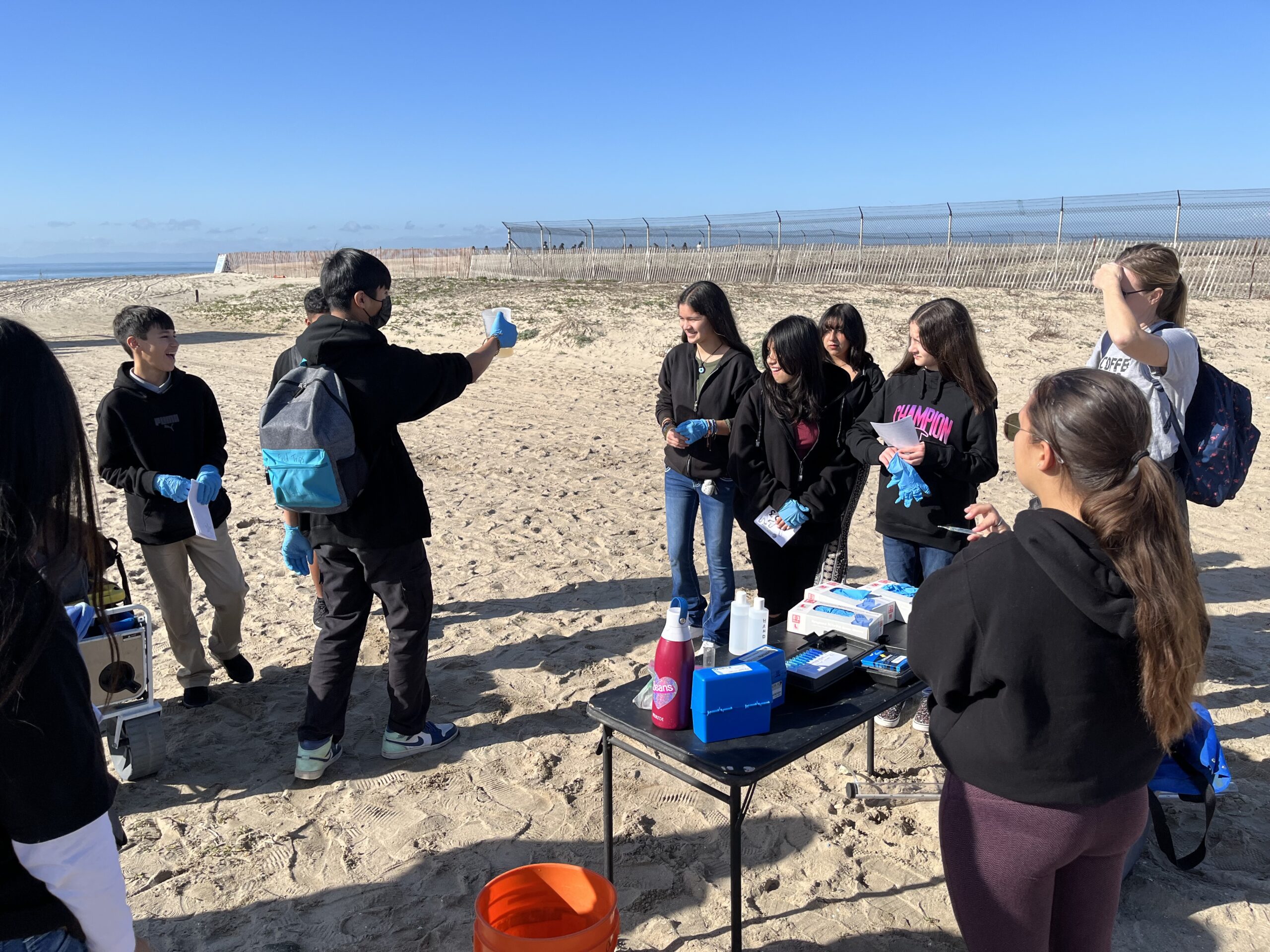 students at beach performing cleanup